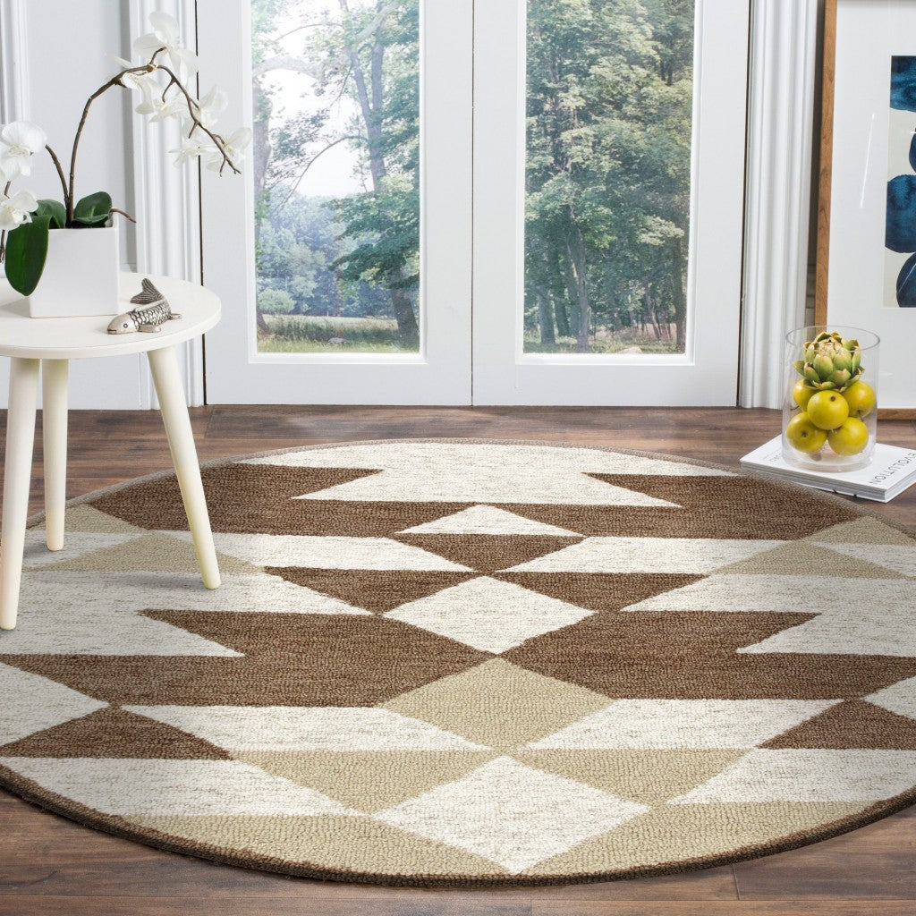 6' Brown And Ivory Round Wool Hand Tufted Area Rug