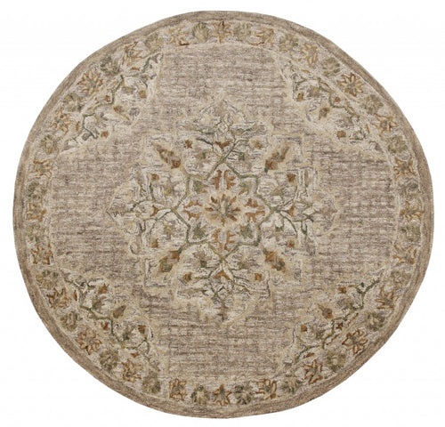 4’ Round Beige Distressed Medallion Area Rug