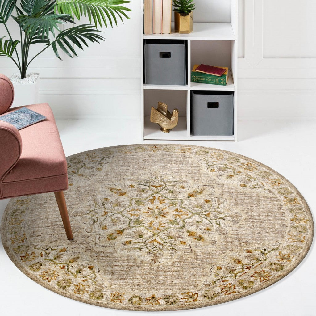 6’ Round Beige Distressed Medallion Area Rug