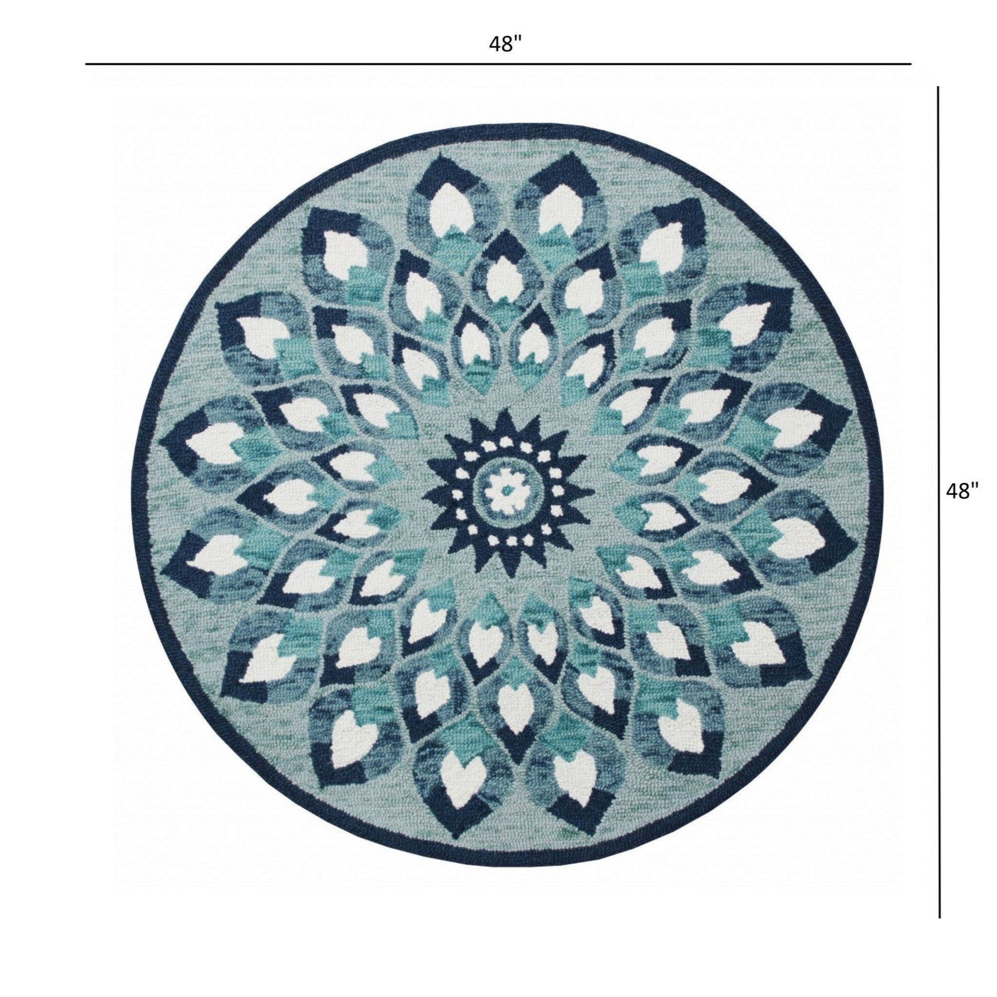 4’ Round Blue and White Floral Feather Area Rug