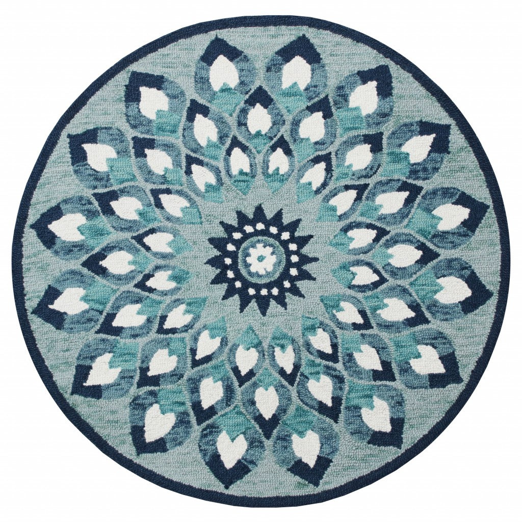 6' Blue And White Round Wool Hand Tufted Area Rug