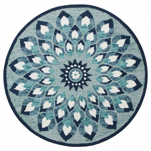 6' Blue And White Round Wool Hand Tufted Area Rug