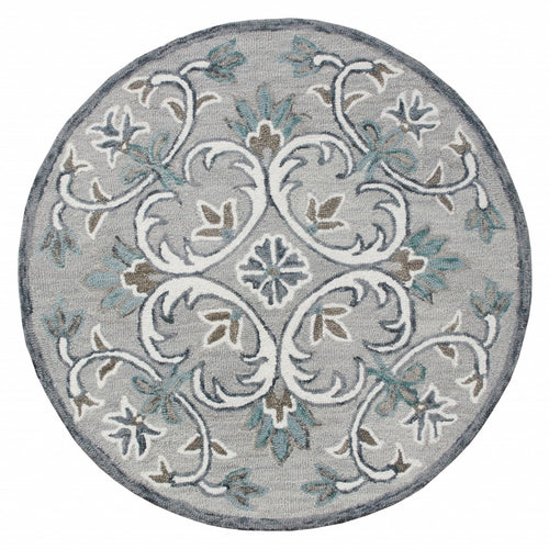 4’ Round Gray and White Filigree Area Rug