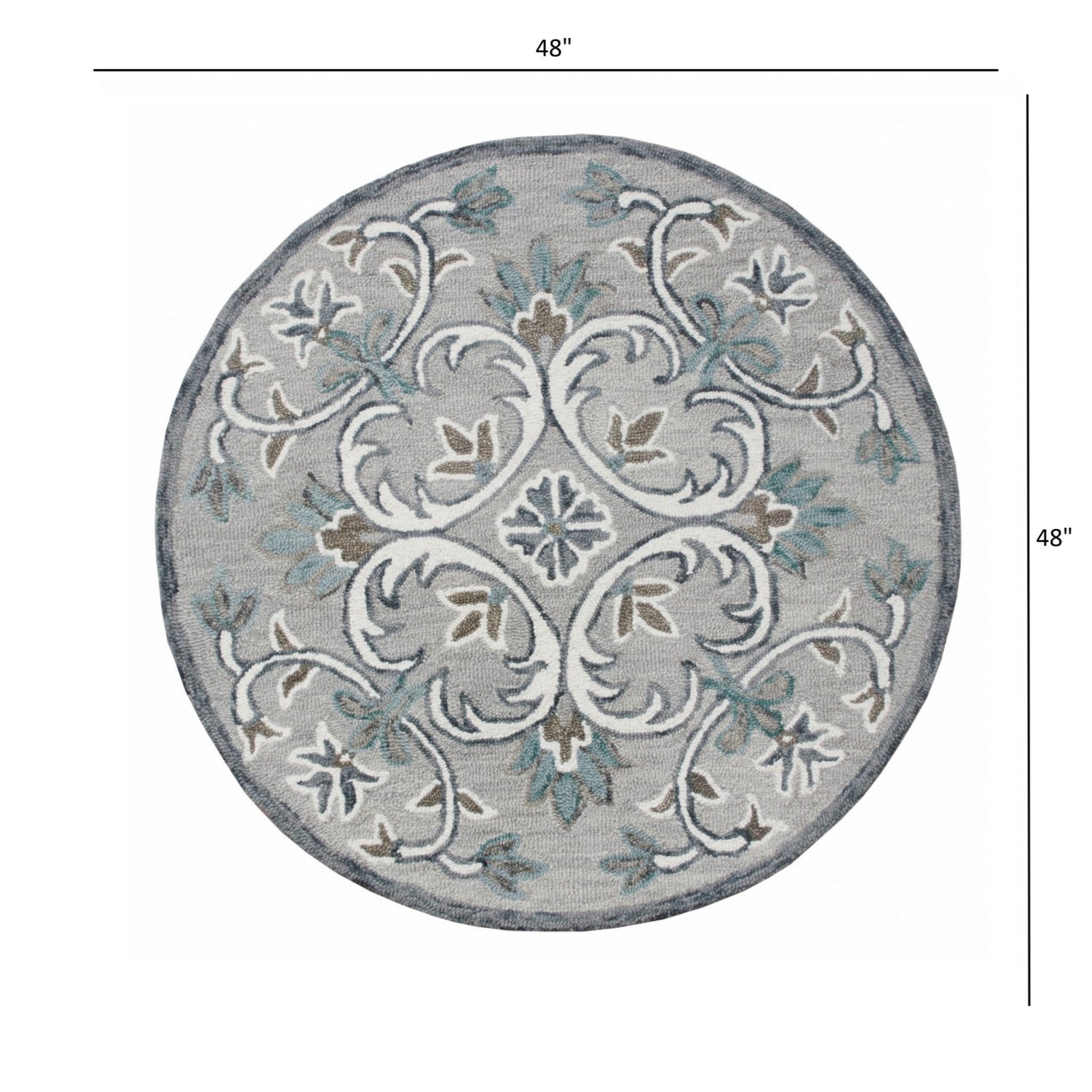 4’ Round Gray and White Filigree Area Rug