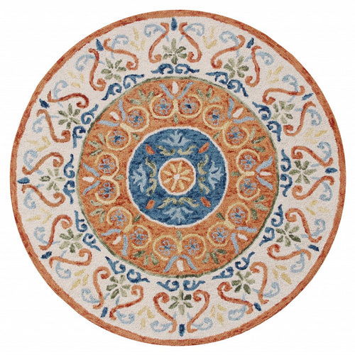 4’ Round Orange Traditional Medallion Area Rug