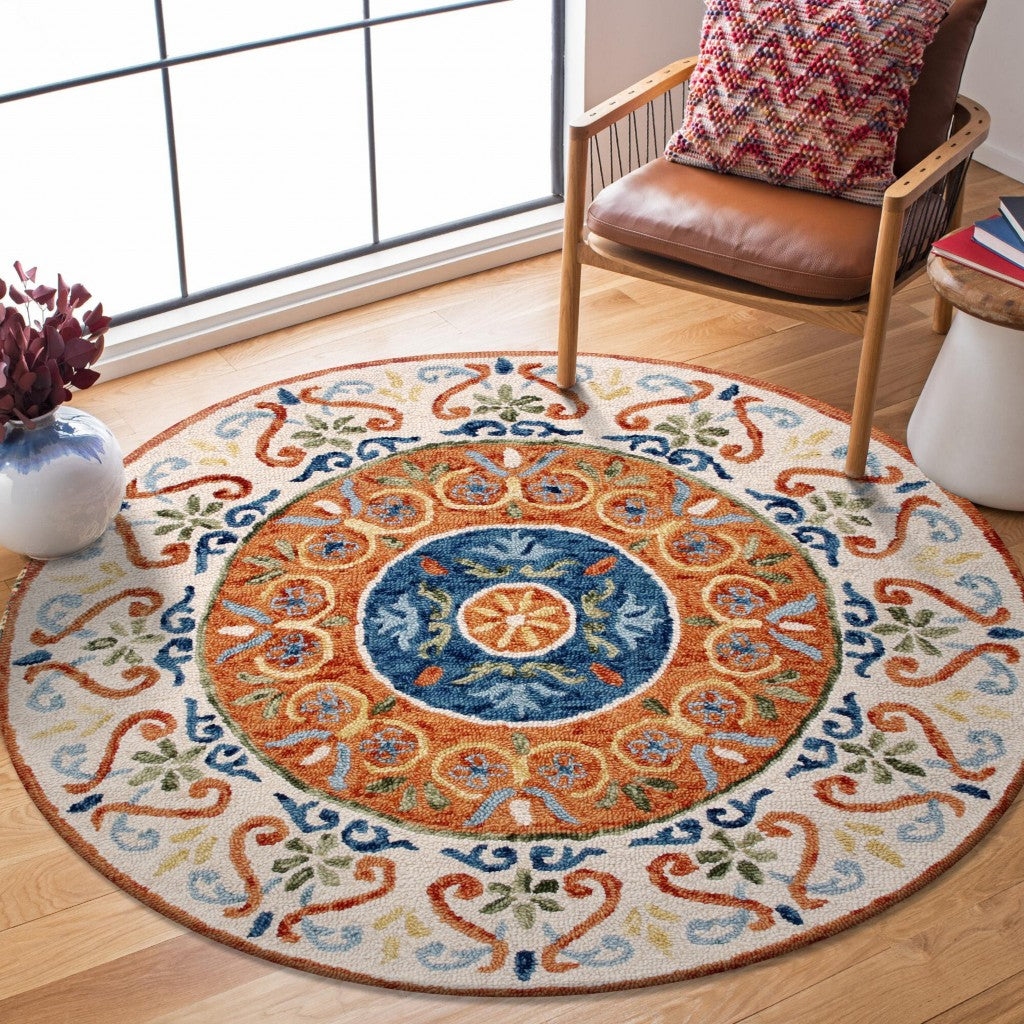 6’ Round Orange Traditional Medallion Area Rug