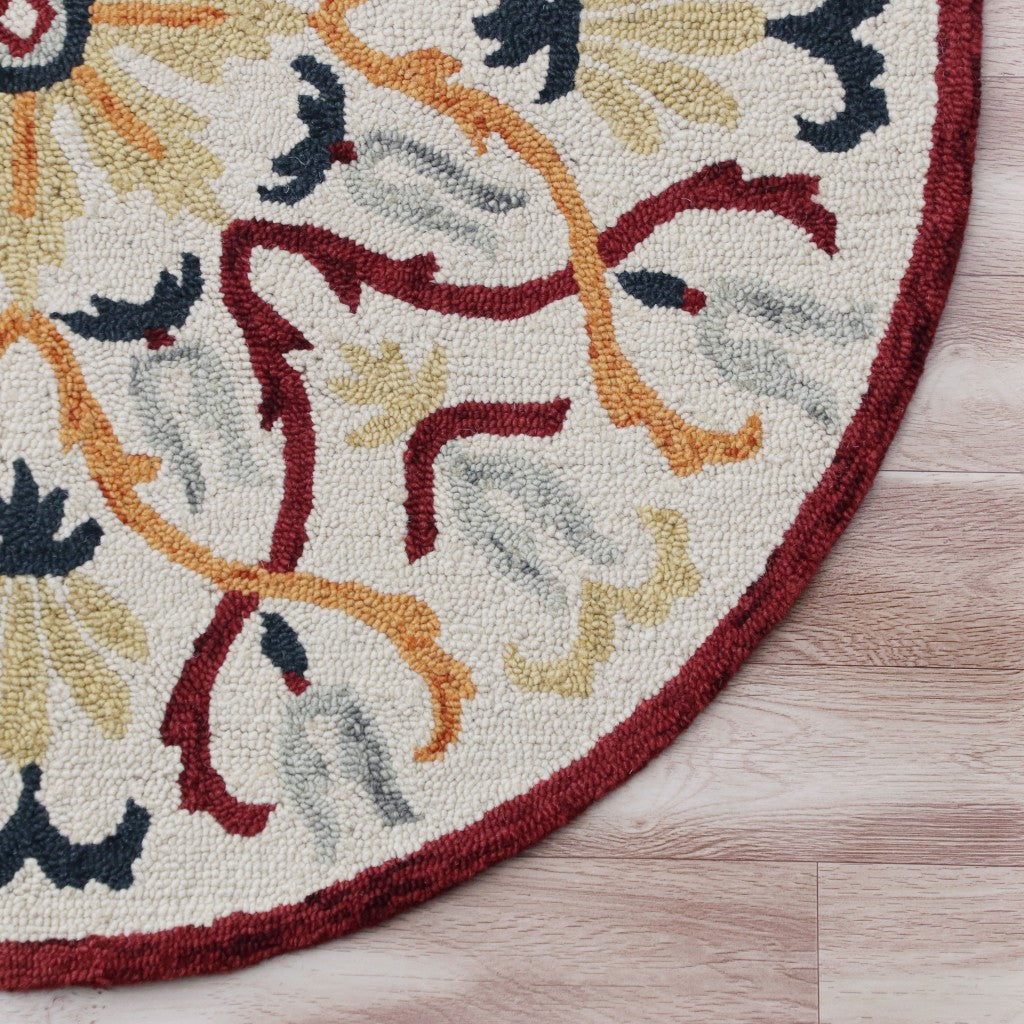 6' Red And Ivory Round Wool Hand Tufted Area Rug