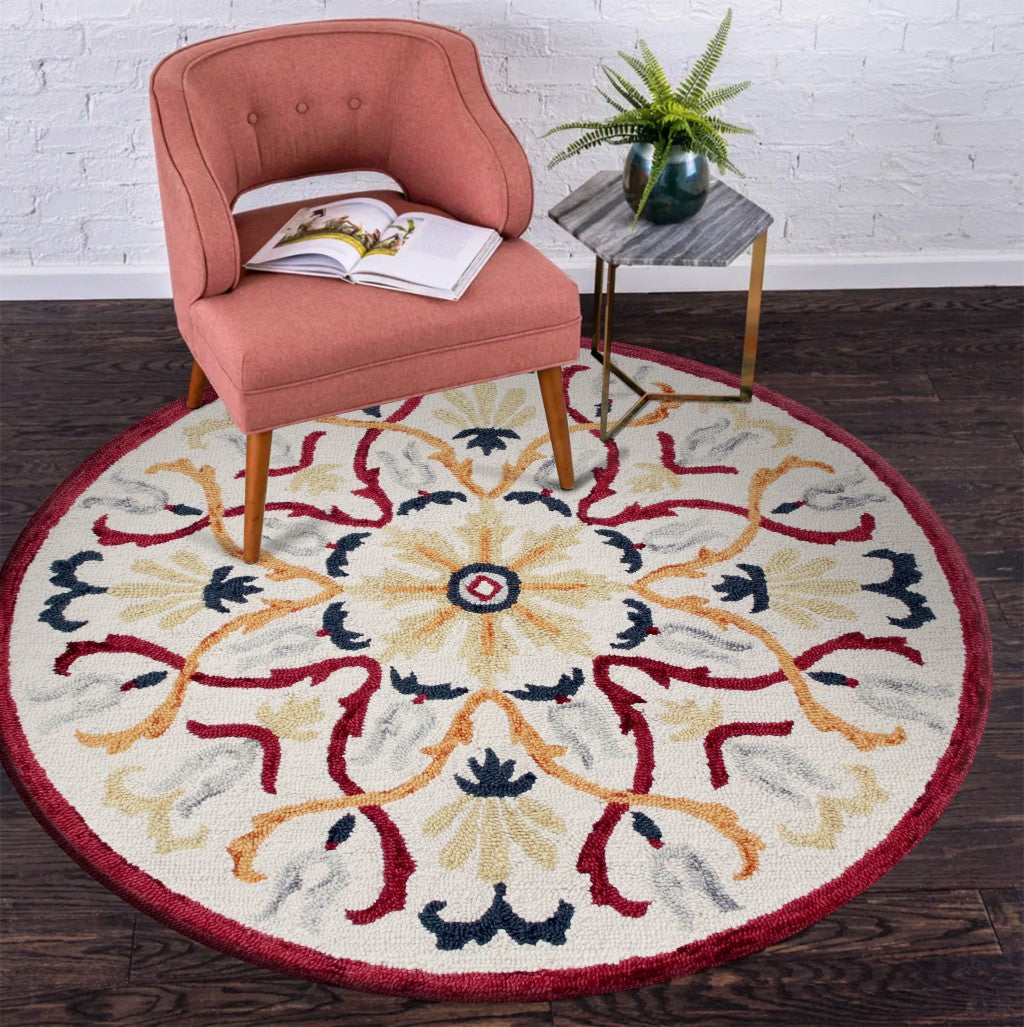 6' Red And Ivory Round Wool Hand Tufted Area Rug