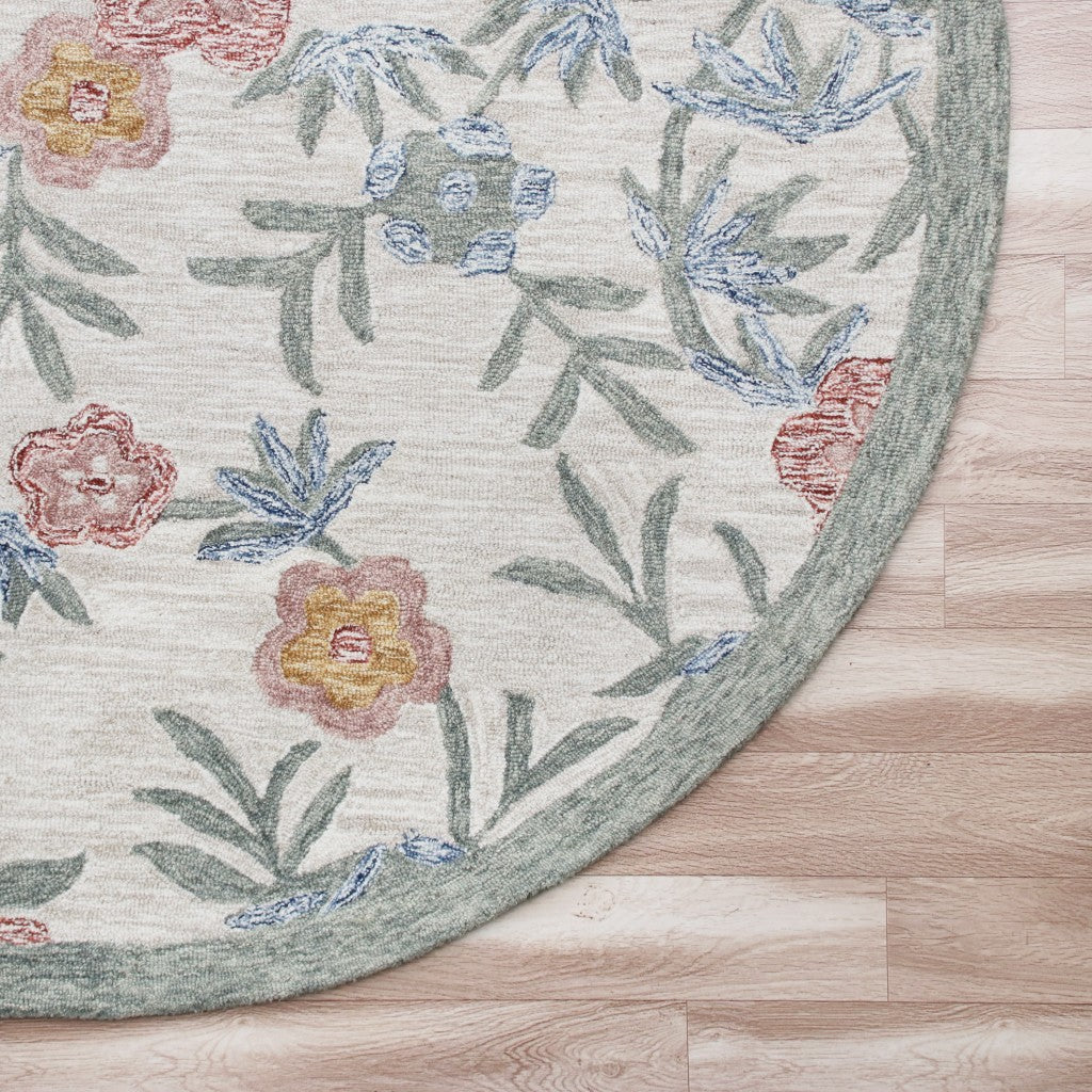 4’ Round Gray Floral Traditional Area Rug