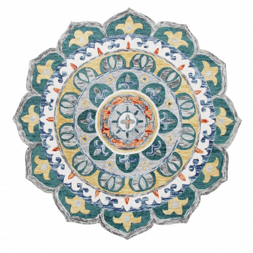 4’ Round Teal Floral Mandala Area Rug