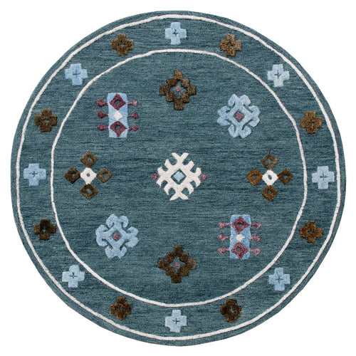 7' Blue Round Wool Hand Hooked Handmade Area Rug