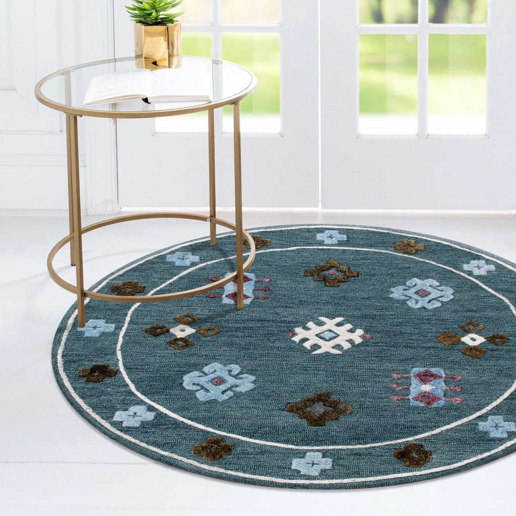 7' Blue Round Wool Hand Hooked Handmade Area Rug