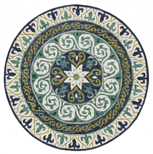 5’ Round Blue and Green Ornate Medallion Area Rug