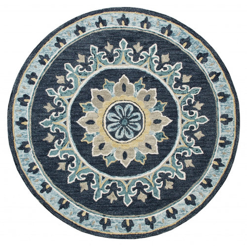 5’ Round Blue Floral Medallion Area Rug