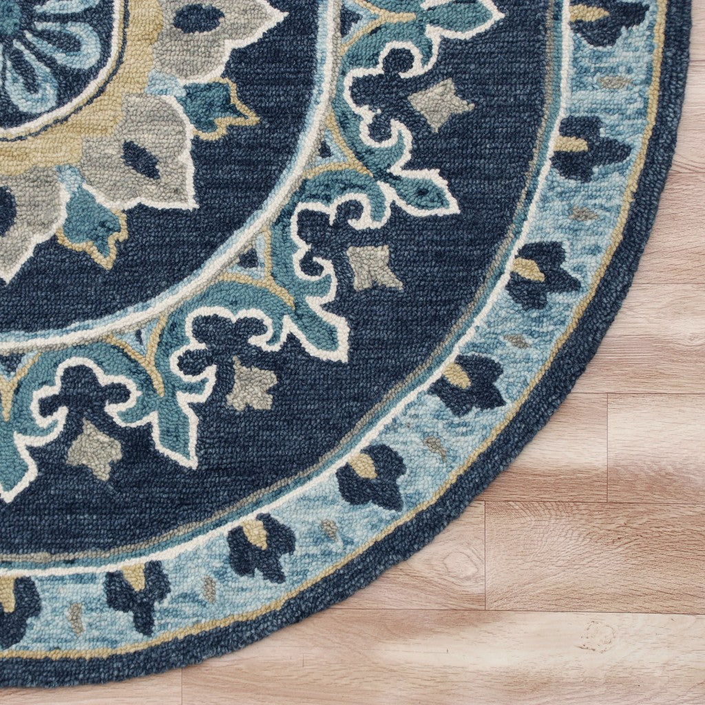 7’ Round Blue Floral Medallion Area Rug