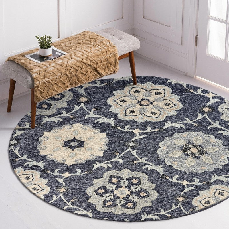 7' Blue And Gray Round Wool Hand Tufted Area Rug