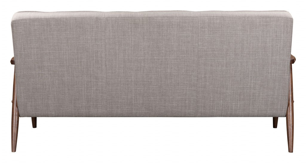 69" Taupe Beige Tufted Fabric And Brown Solid Wood Sofa