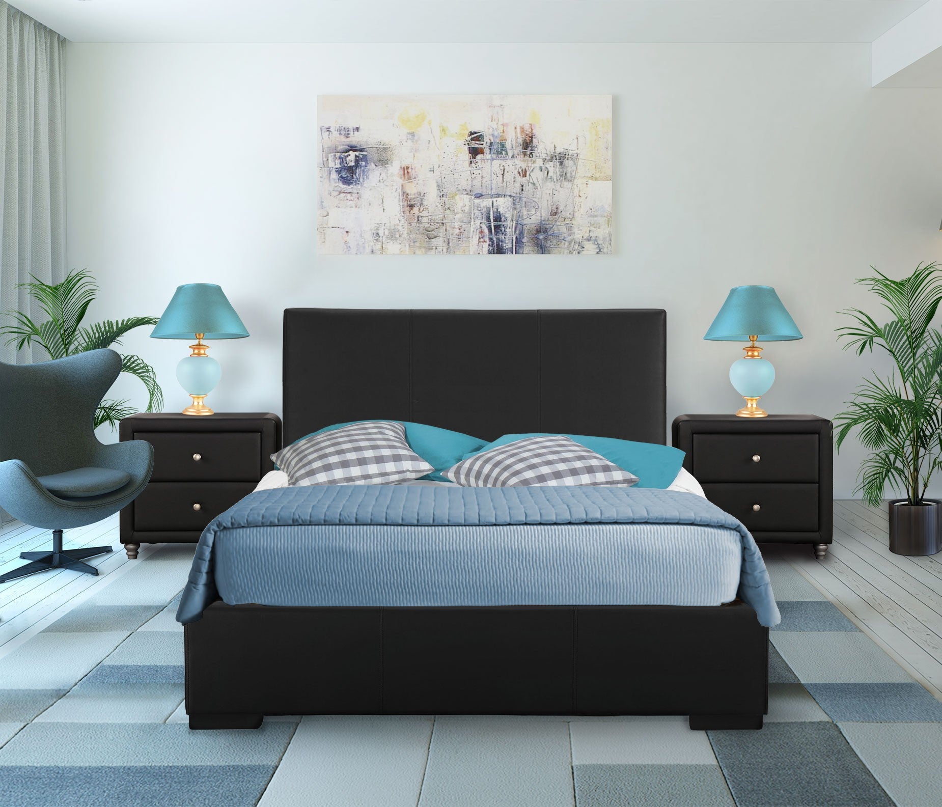 Black Upholstered Queen Platform Bed