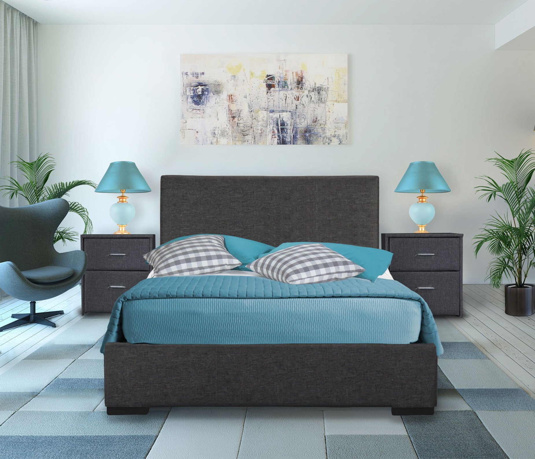 Grey Upholstered King Platform Bed