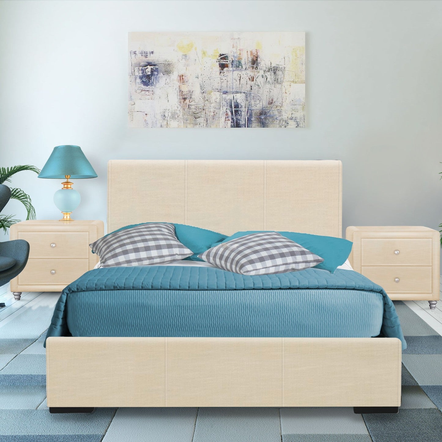 Beige Upholstered Queen Platform Bed