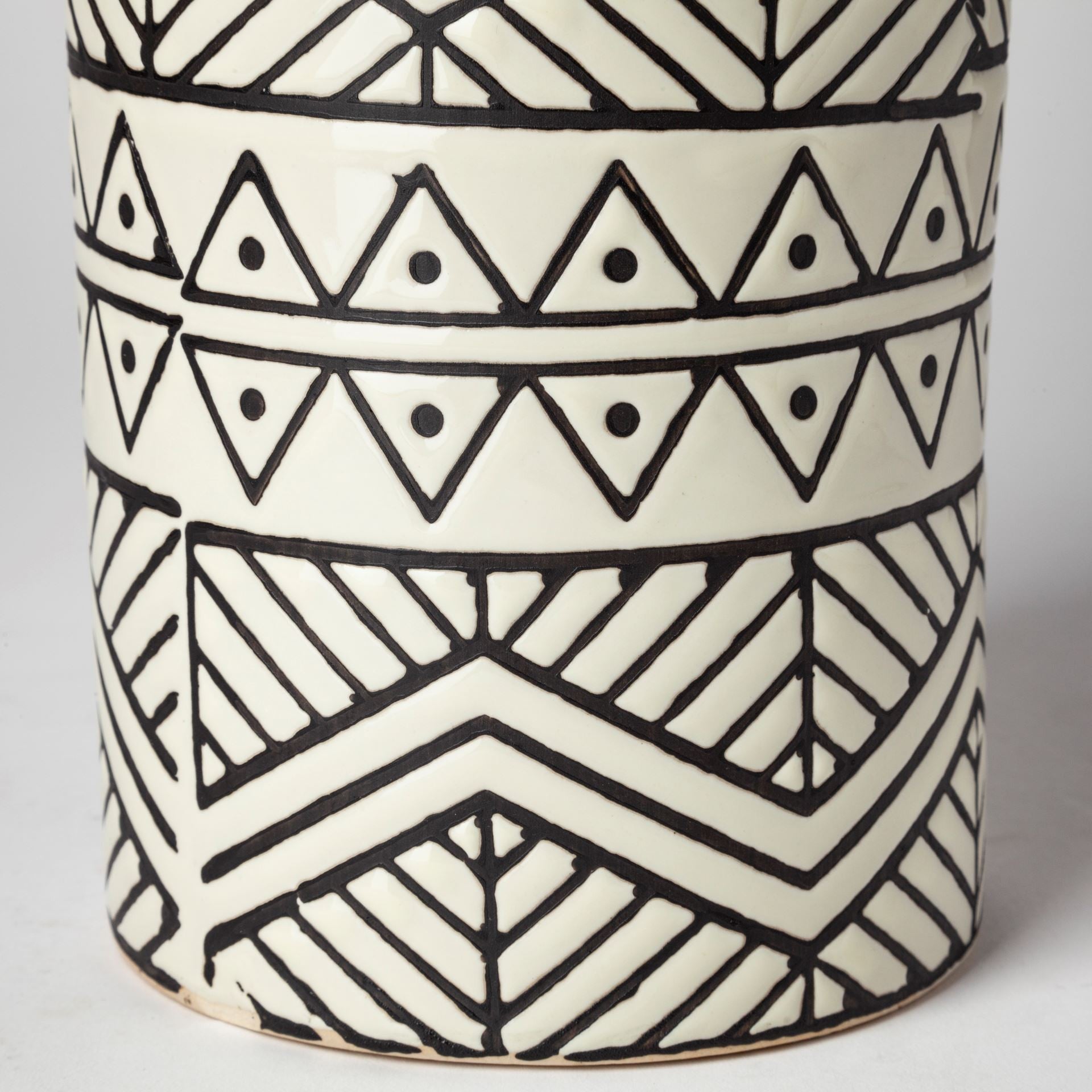 17" Black and Cream Tribal Geo Ceramic Vase