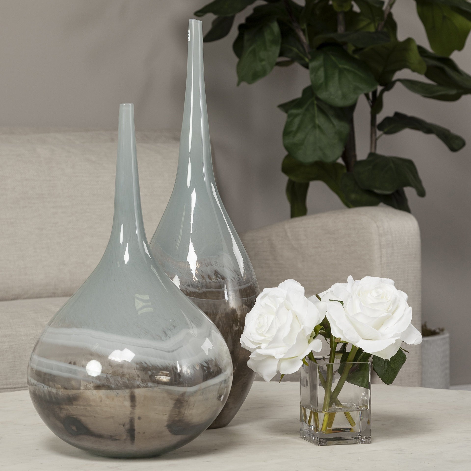 17" Heavenly Taupe and Gray Handblown Spunglass Vase