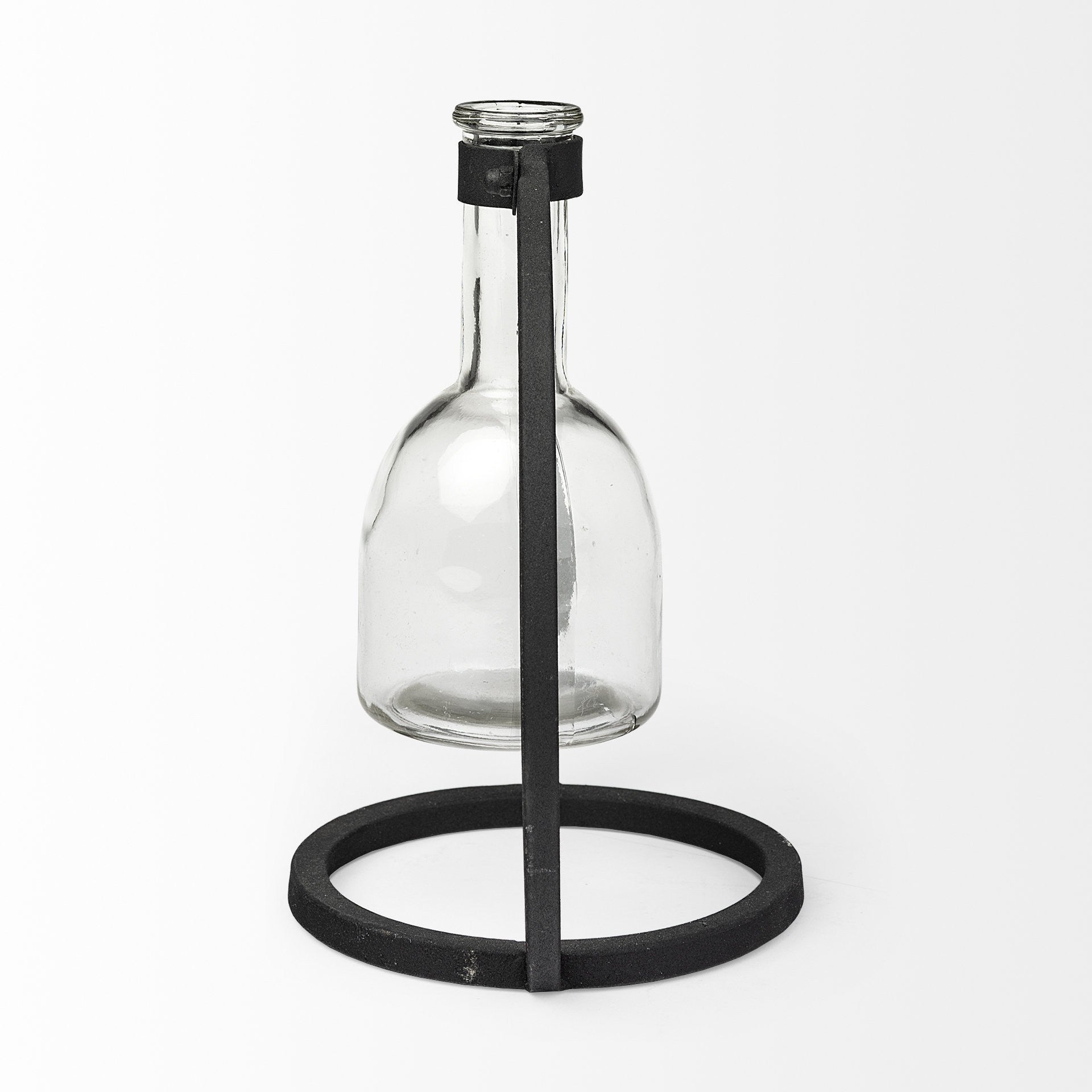 Modern Industrial Black Round Metal and Glass Vase