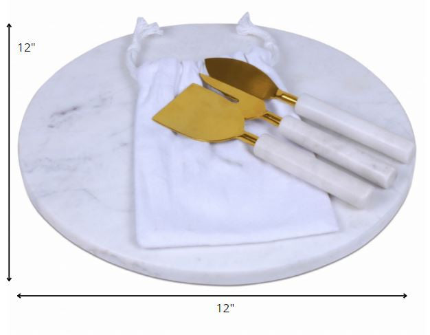 12" Round White Marble Cheese Board and Knife Set