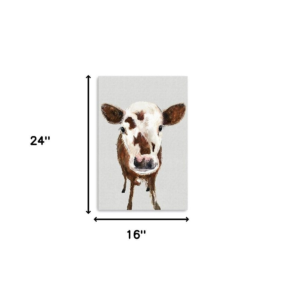 24" x 16" Brown and White Baby Cow Face Canvas Wall Art