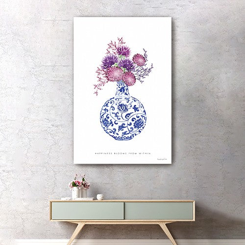 24" x 16" Blue and White Happiness Floral Vase Canvas Wall Art