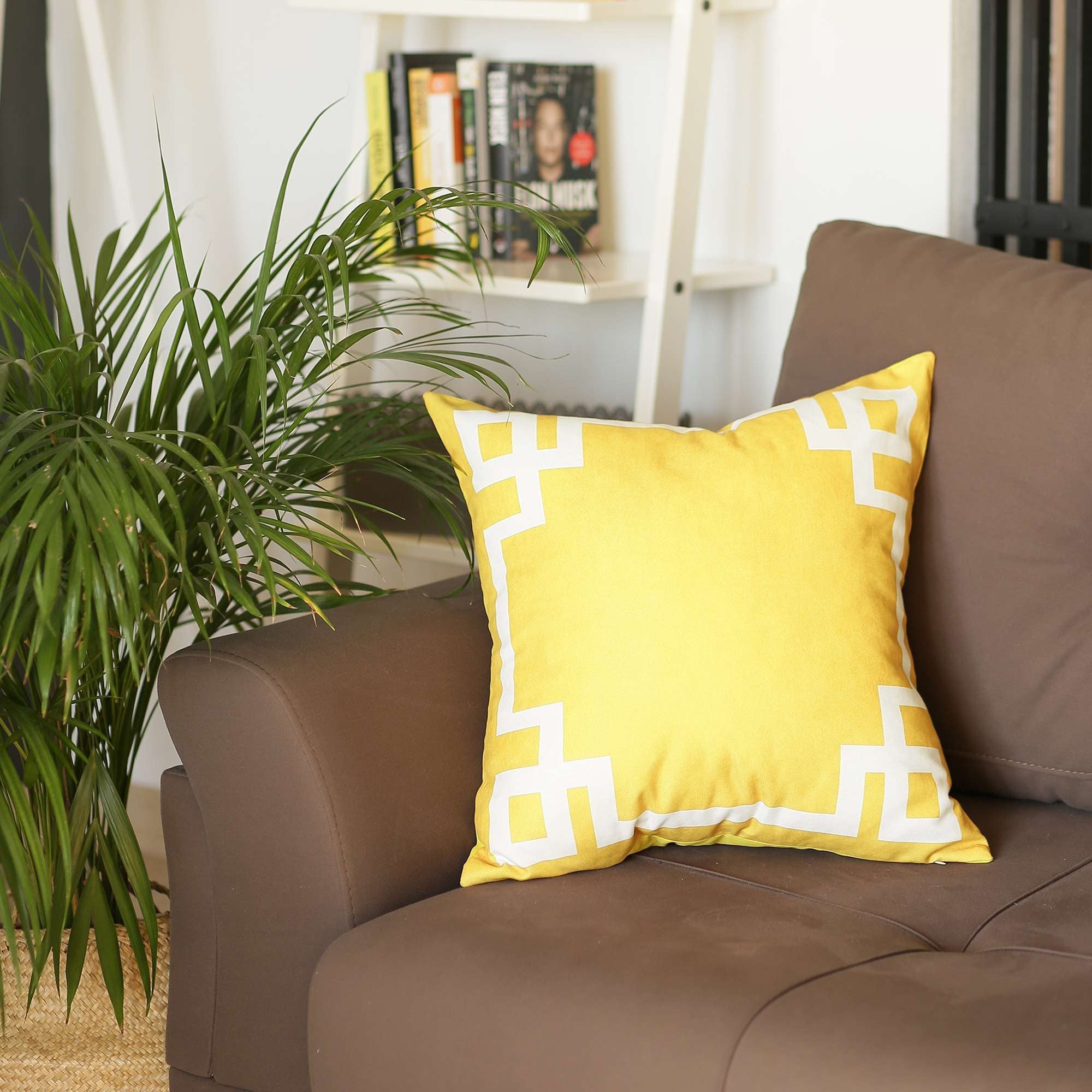 Yellow and White Geometric Border Throw Pillow