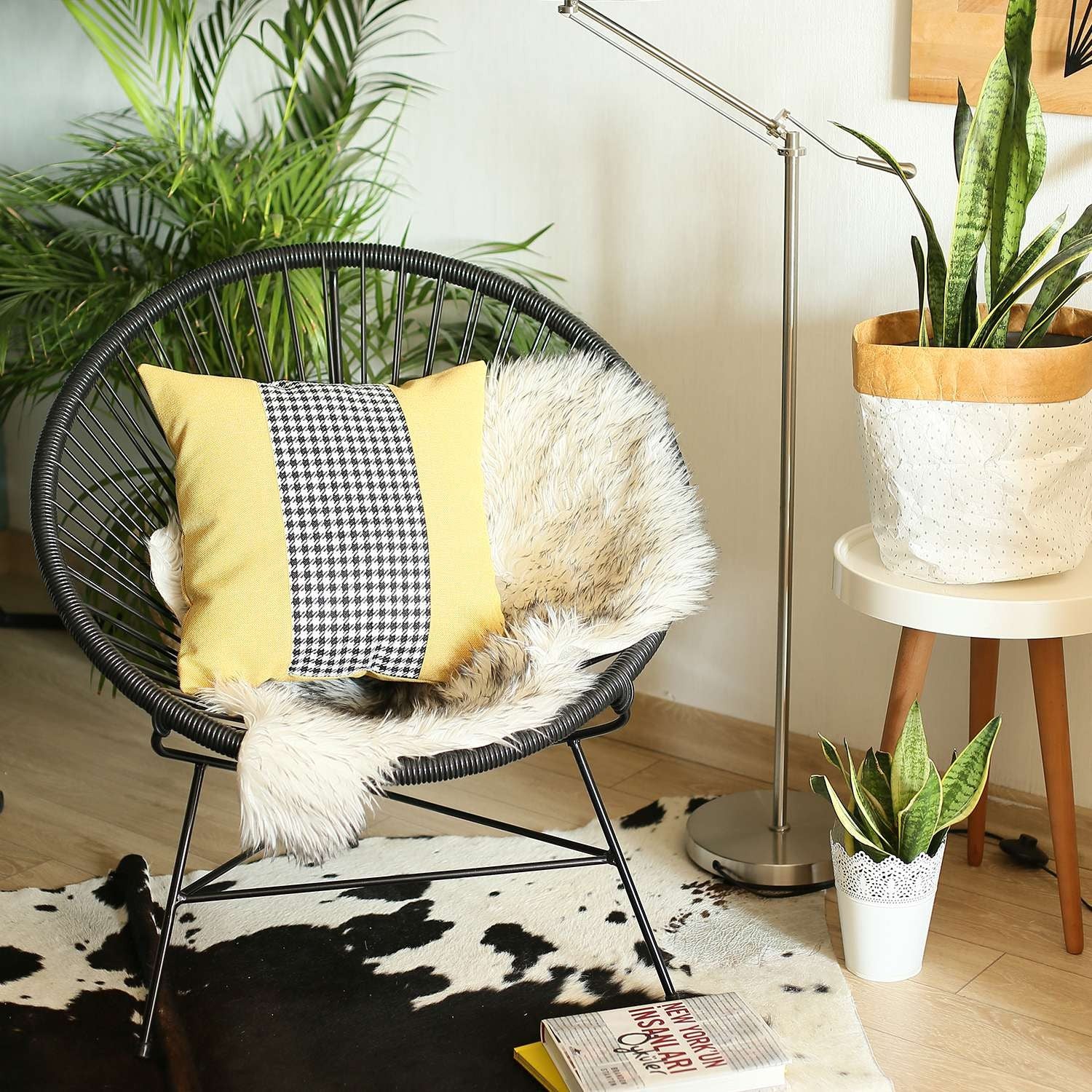 Yellow and Black Houndstooth Throw Pillow