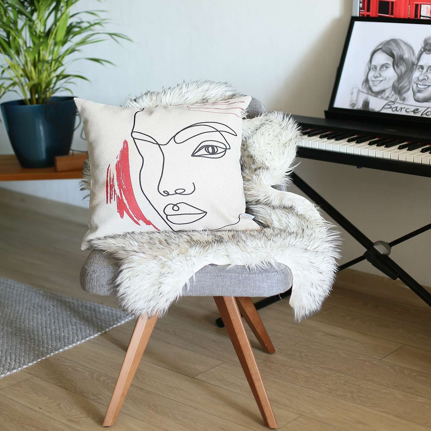 White Printed Face Boho Chic Throw Pillow