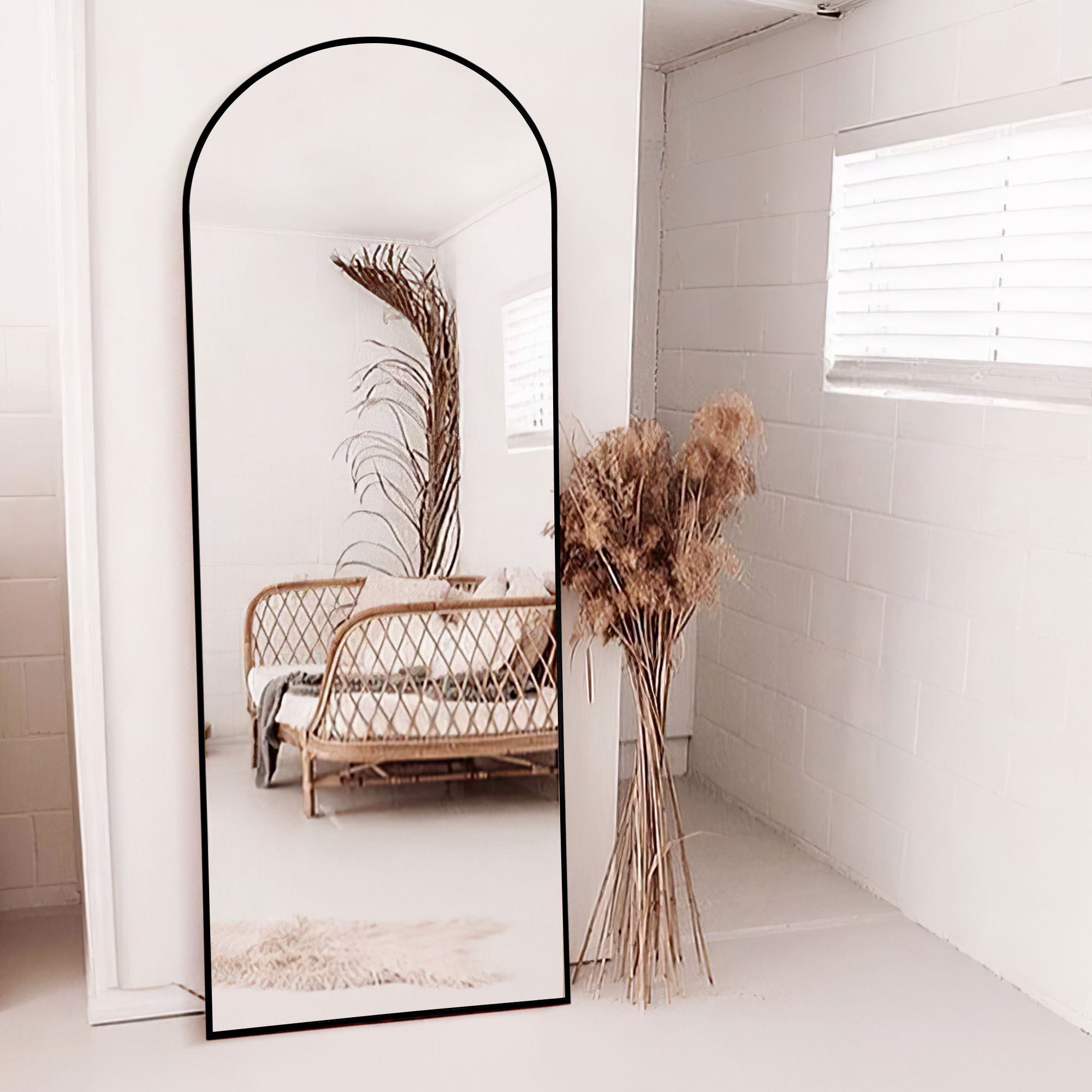 Narrow Black Arched Full Length Floor Mirror with Stand