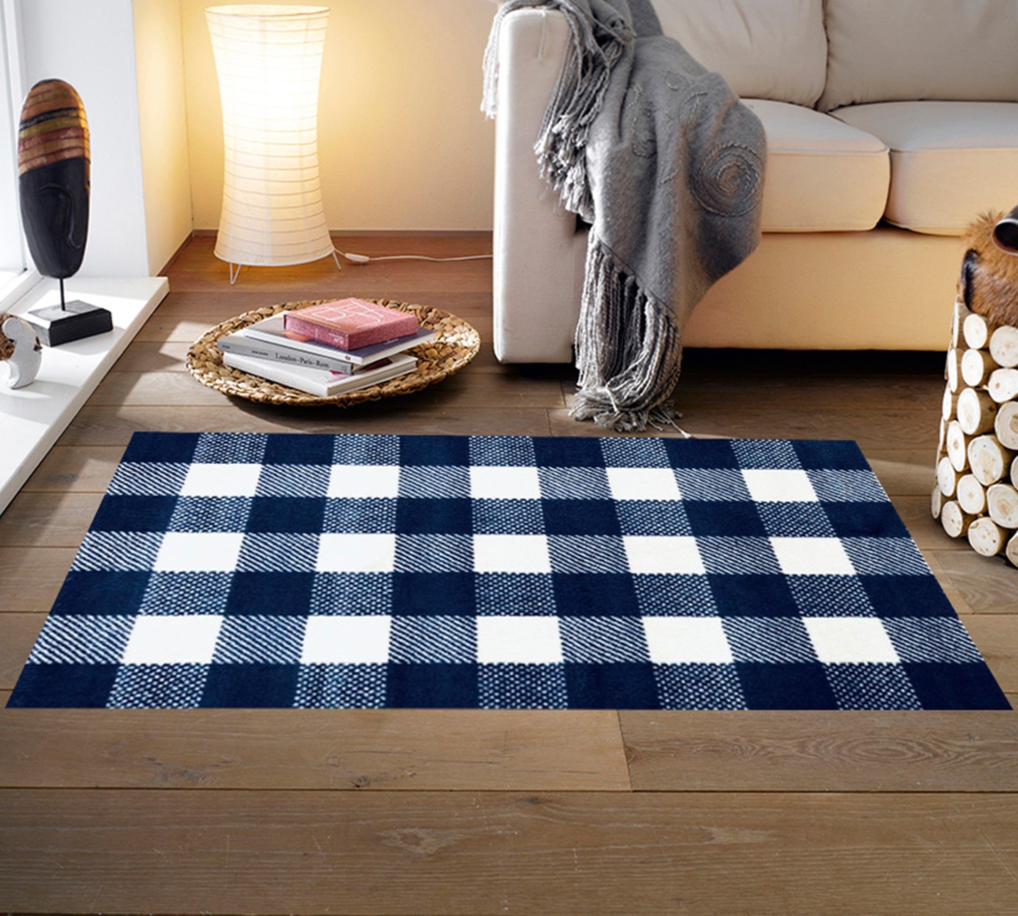 2' x 4' Navy and White Buffalo Plaid Washable Floor Mat