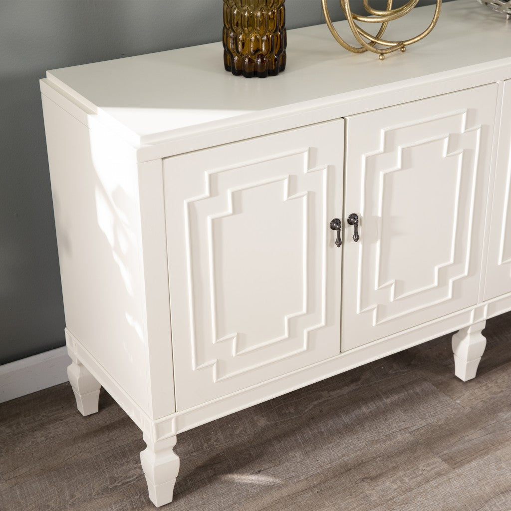 Antiqued White Geometric Lines Low Accent Cabinet Buffet