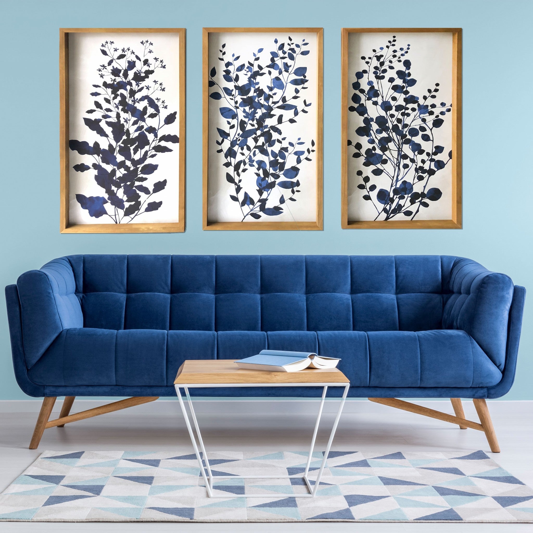 Set of Three Blue Branches Framed Canvas Wall Art