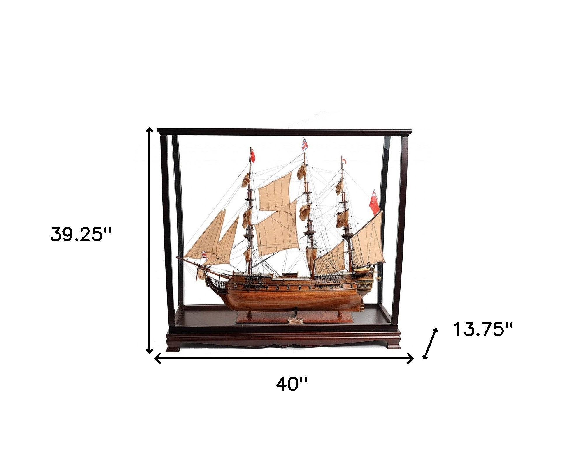 39" Wood Brown HMS Surprise 1796 Table Top Display Case Boat Hand Painted Decorative Boat