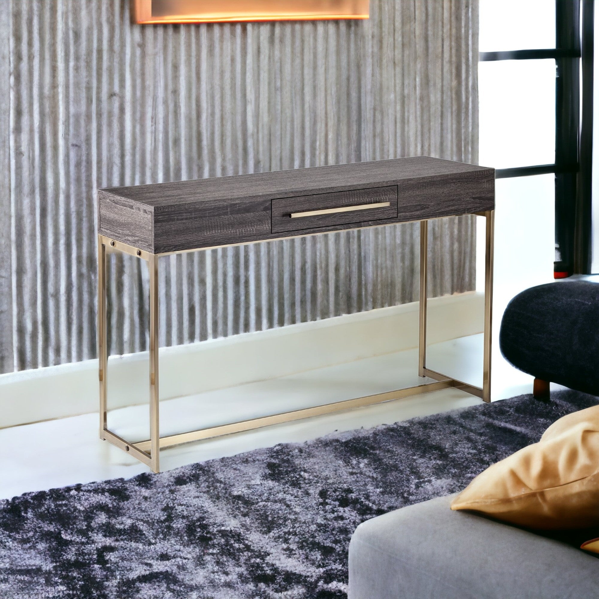 48" Gray and Gold Sled Console Table With Storage