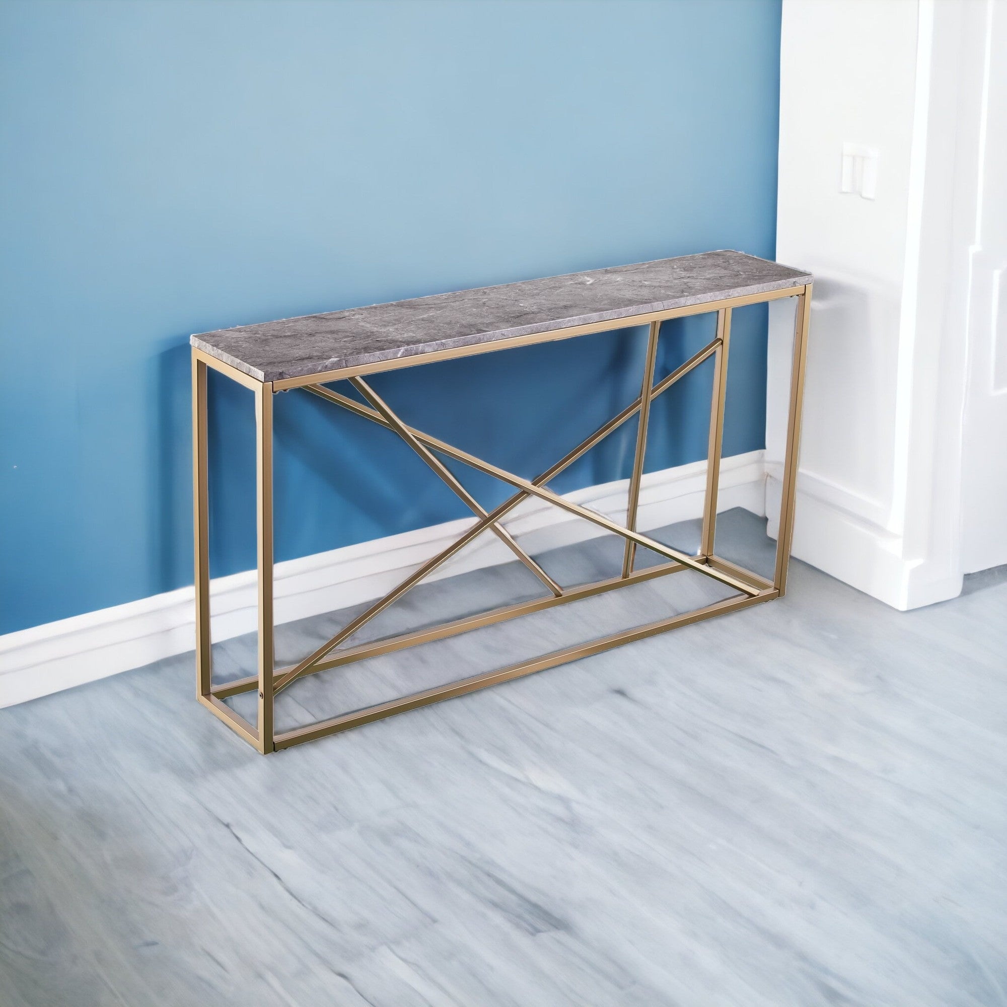 52" Gray and Gold Faux Marble Frame Console Table