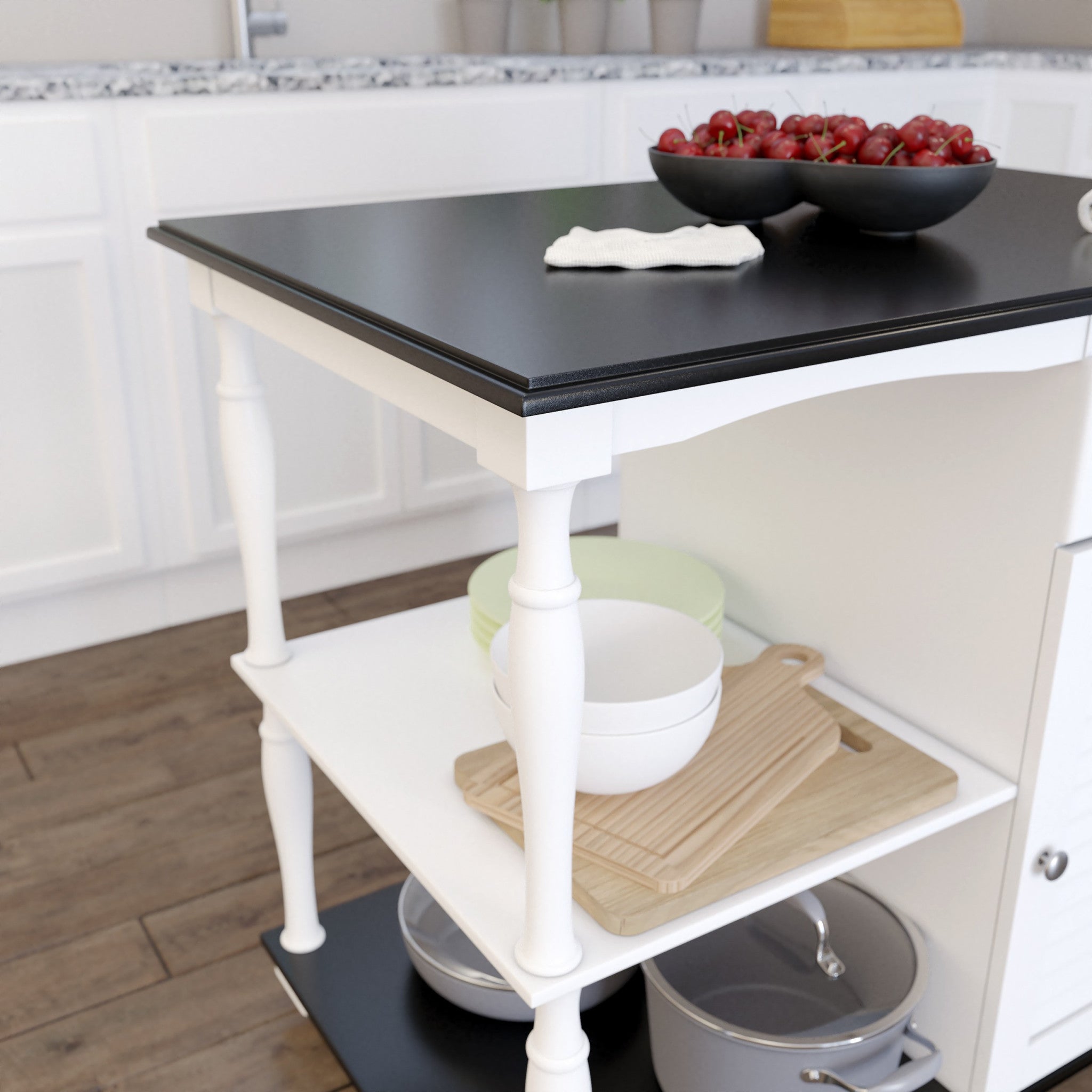 Black and White and Black 39" Rolling Kitchen Island With Storage