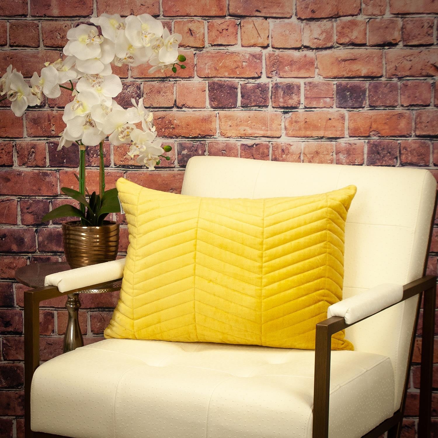 Yellow Quilted Velvet Zig Zag Decorative Lumbar Pillow