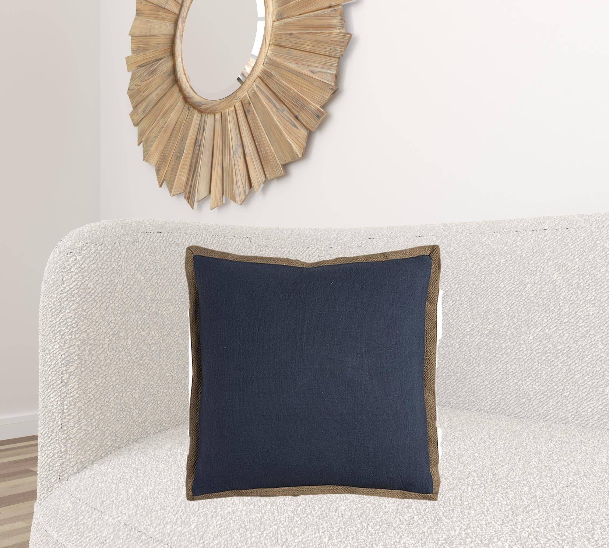 Navy Beige and Natural Jute Throw Pillow