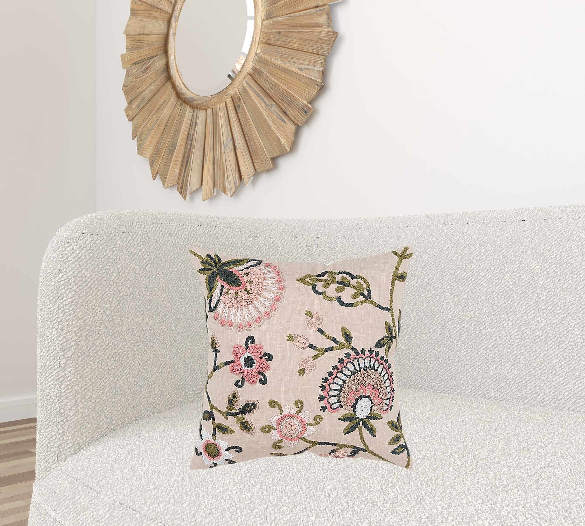 Blush Botanical Pattern Embroidered Throw Pillow