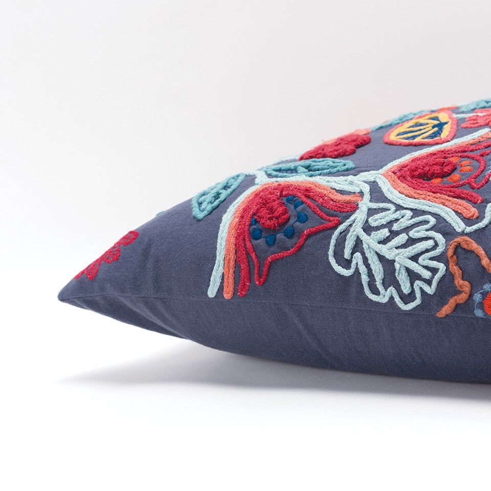 Dark Blue Jacobean Bloom Embroidered Throw Pillow