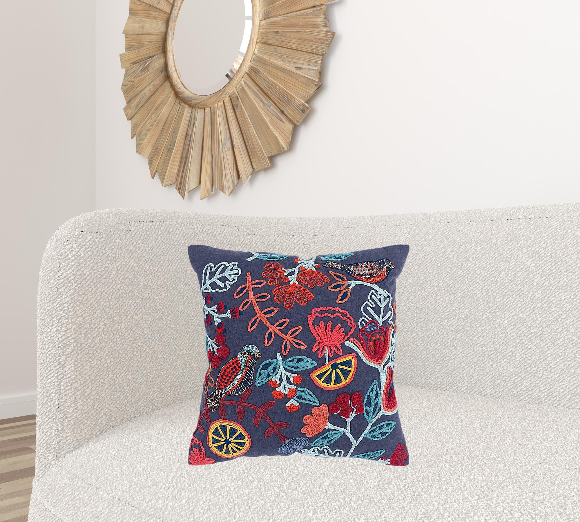 Dark Blue Jacobean Bloom Embroidered Throw Pillow