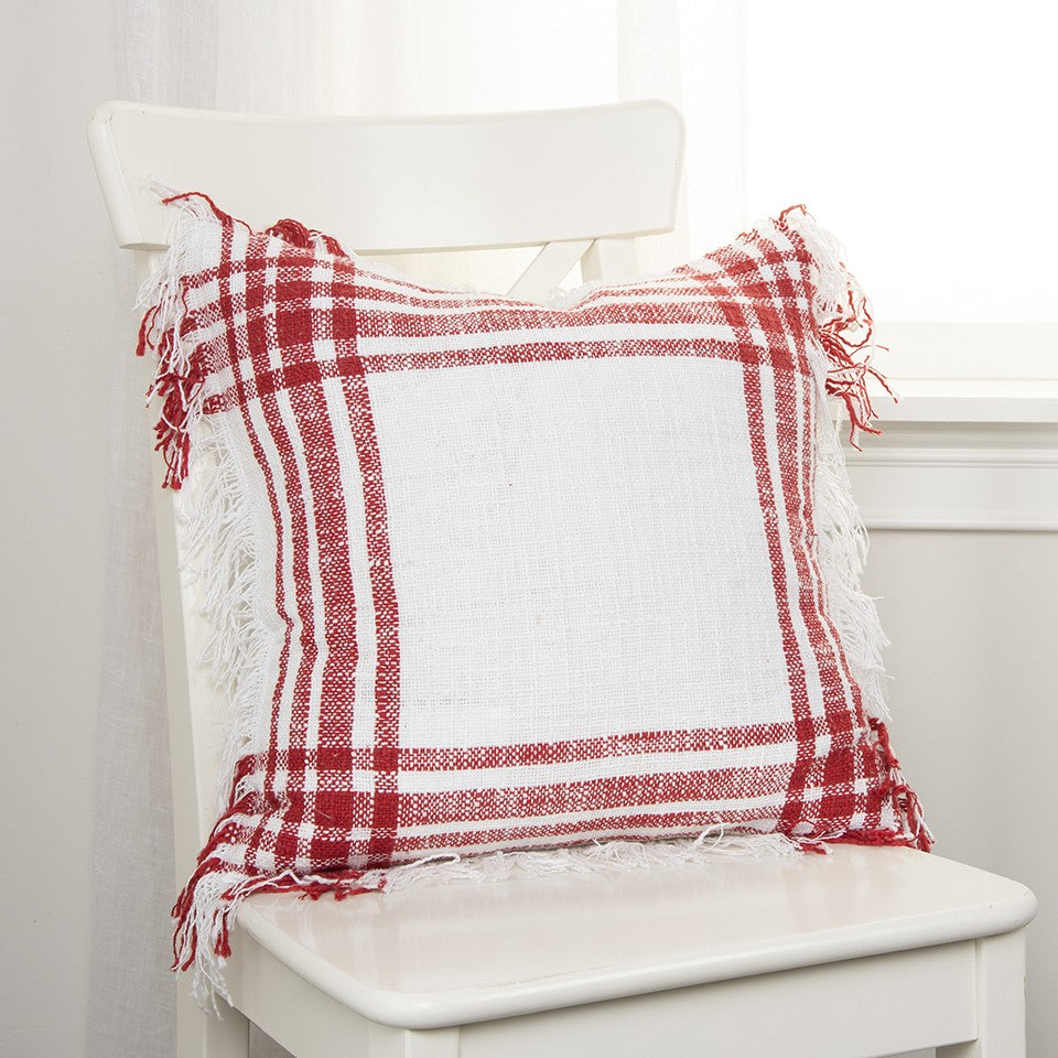 White Red Open Plaid Textured Throw Pillow