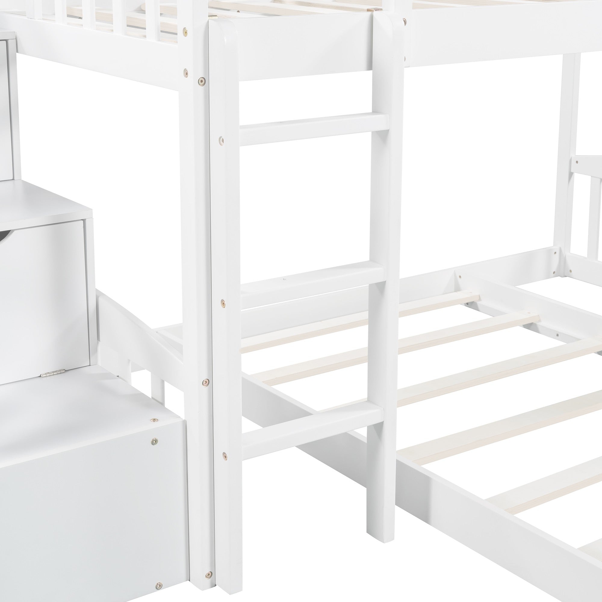 White Twin Over Twin Perpendicular Bunk Bed with Storage Stairs and Slide