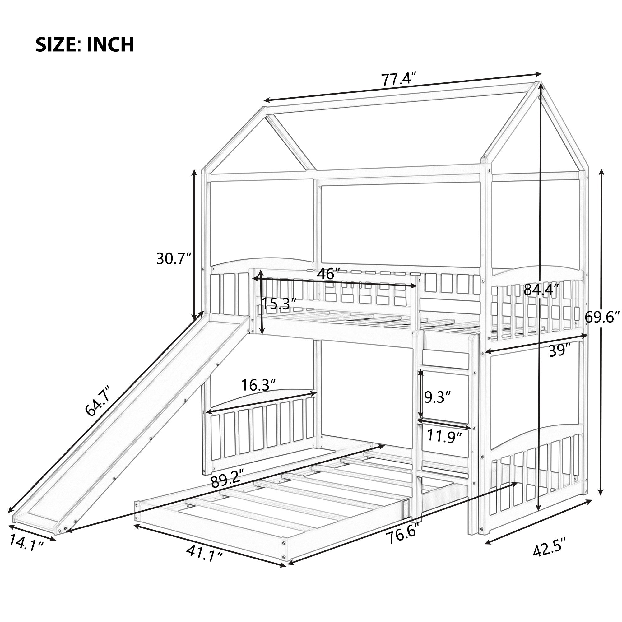 White Playhouse Frame Full Over Full Perpendicular Bunk Bed with Slide