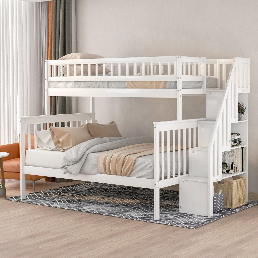 White Twin Over Full Farmhouse Style Bunk Bed with Staircase